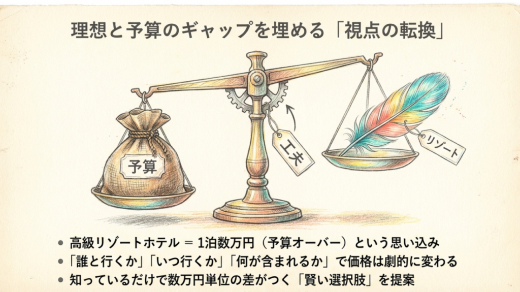理想と予算のギャップを埋める視点の転換 予算とリゾートの理想のバランスを図る天秤のイラスト