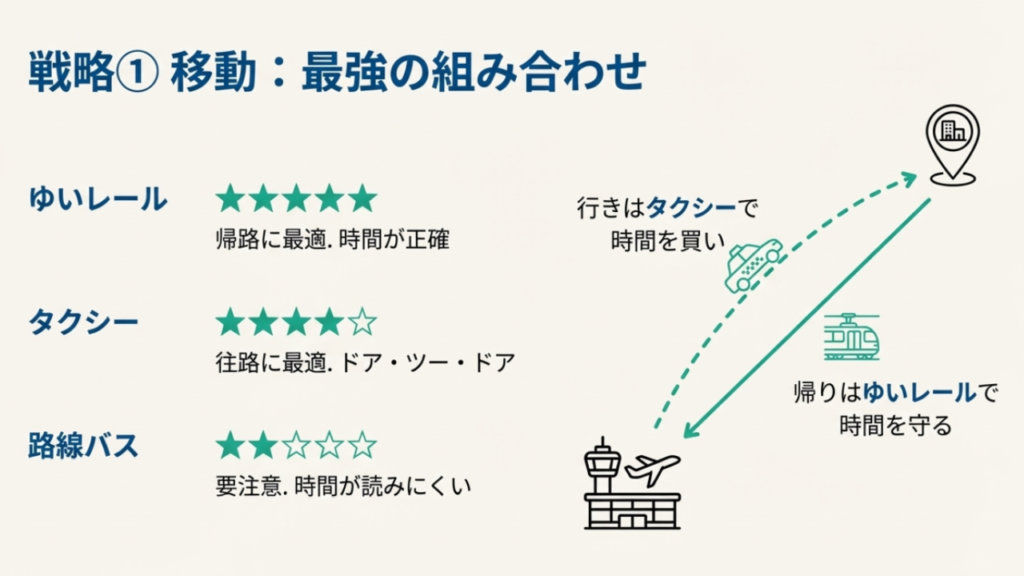 ゆいレール、タクシー、路線バスのメリット・デメリット比較図。行きはタクシーで時間を買い、帰りはゆいレールで時間を守る戦略を推奨。