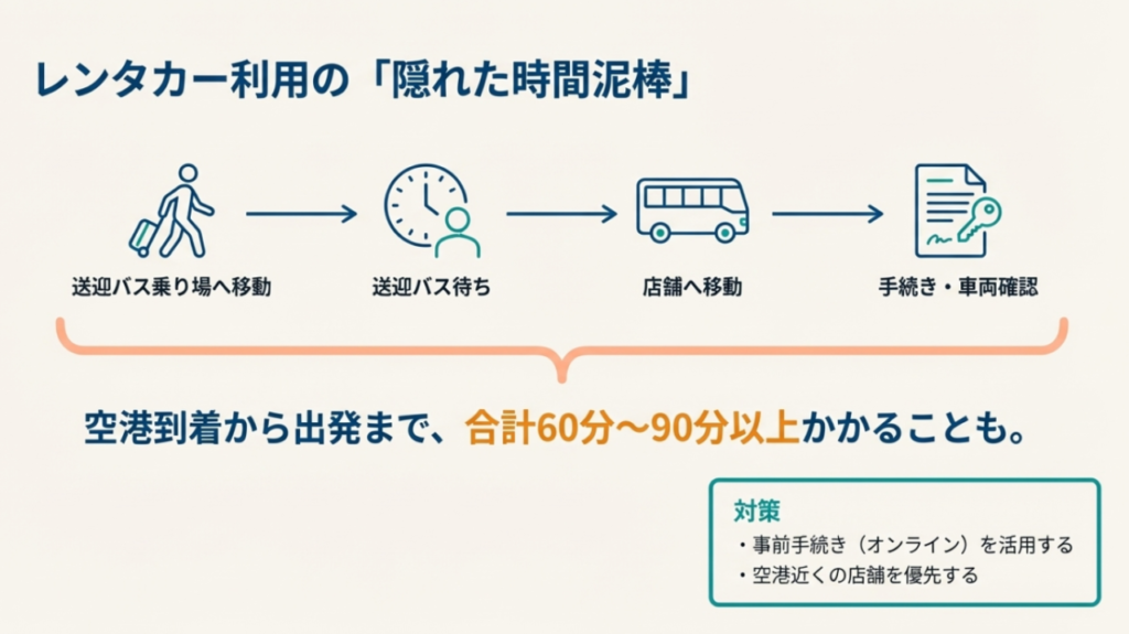 那覇空港到着からレンタカー出発までのフロー図。送迎バス待ちや店舗移動、手続きを含めると60分〜90分かかることを解説。