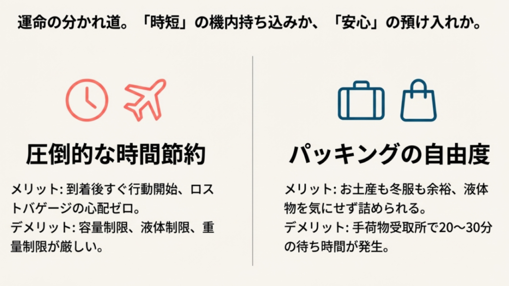 スーツケースを機内持ち込みにする時短メリットと、預け入れにするパッキングの自由度の比較。