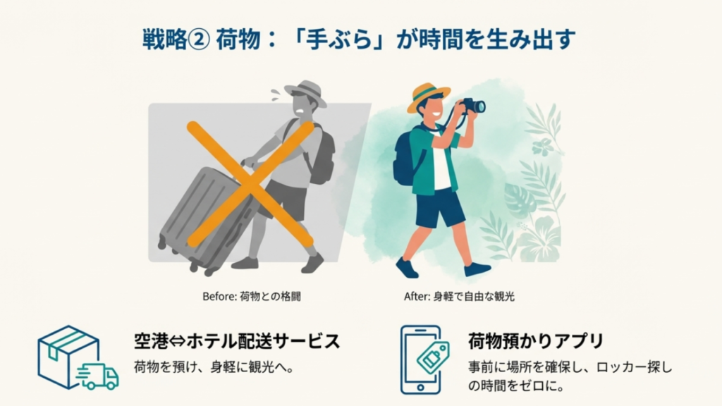 スーツケースを持って移動する大変さと、配送サービスを利用して手ぶらで観光する快適さを比較したイラスト。