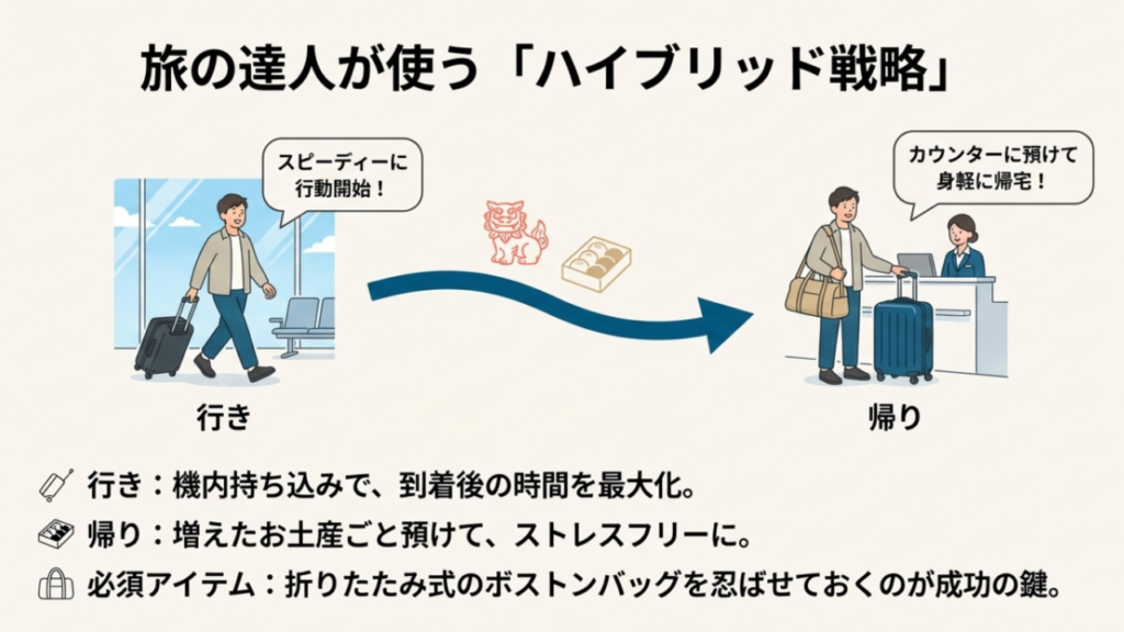 行きは機内持ち込みでスムーズに移動し、帰りは増えたお土産ごと預け入れにする沖縄旅行の賢い移動方法。