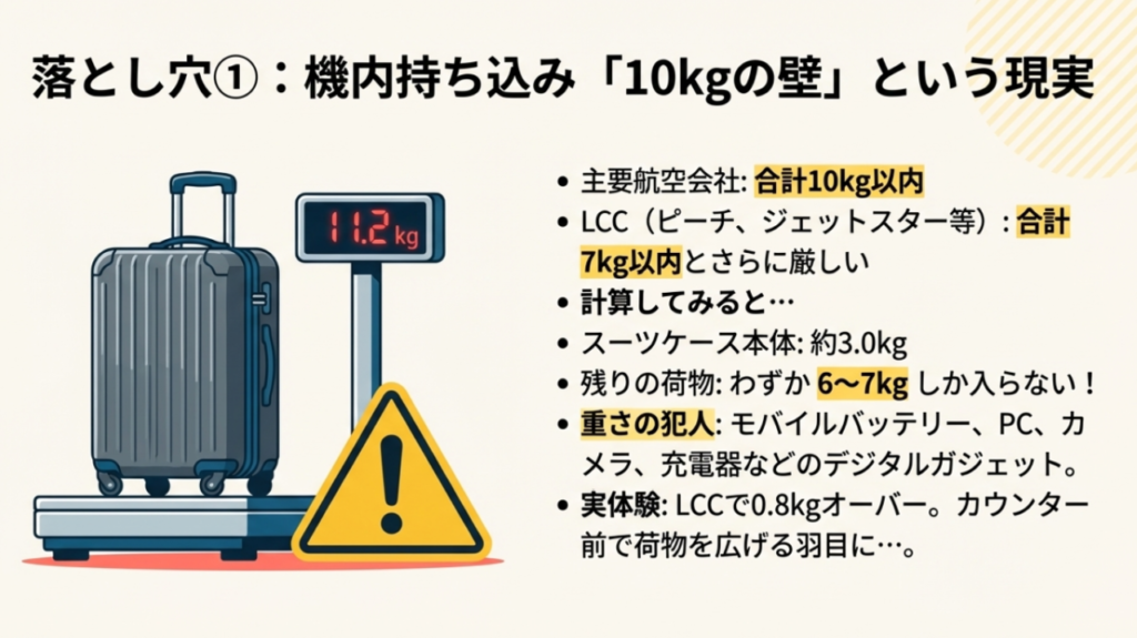 飛行機の機内持ち込み手荷物は合計10kg以内が一般的。スーツケース本体に加えPCやバッテリーで重量オーバーになりやすい。