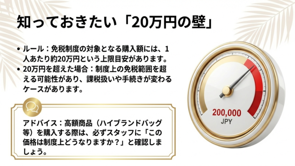 沖縄の免税店はどれくらい安い?最大2割引きの真実と注意点 4 免税制度における20万円の壁と課税ルール。高額商品購入時の注意点