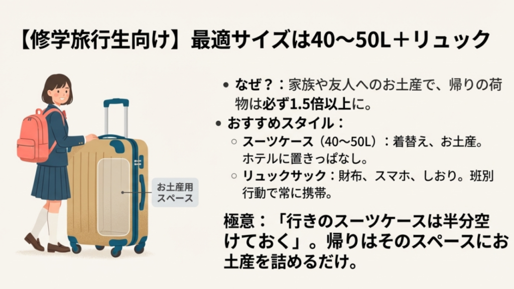修学旅行生におすすめのパッキング方法。40-50Lのスーツケースにお土産スペースを確保し、リュックサックを貴重品用にする。