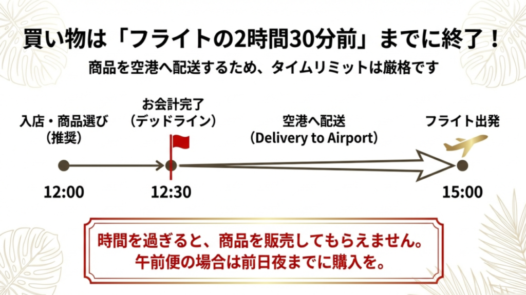 フライトの2時間半前まで 買い物はフライト出発の2時間30分前までに終了!商品を空港へ配送するためのタイムリミット