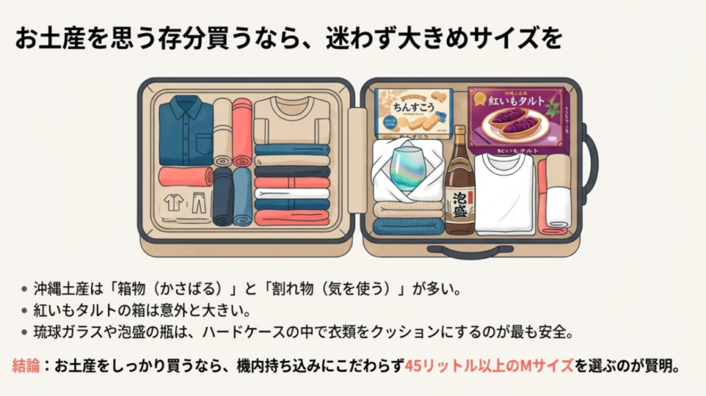 紅いもタルトや泡盛などの沖縄土産をスーツケースに詰めた図。割れ物は衣類をクッションにしてハードケースに入れるのが安全。
