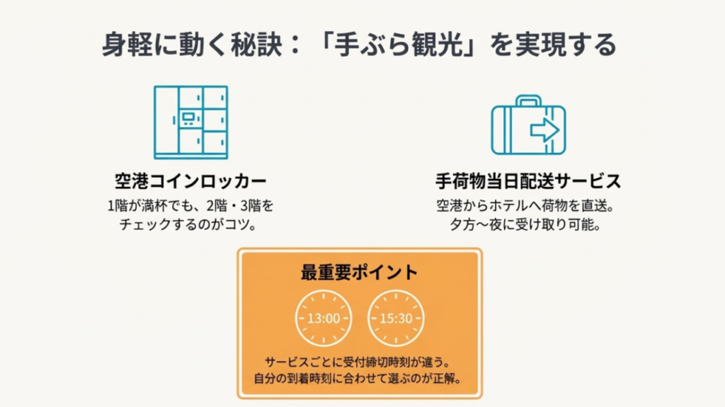 那覇空港のコインロッカーの穴場とホテル当日配送サービスの受付時間を解説した図