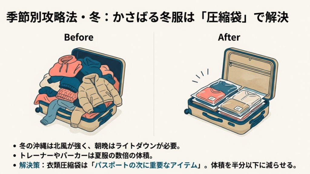 かさばる冬服を衣類圧縮袋でコンパクトにするパッキング術。スーツケースの容量を節約できる。