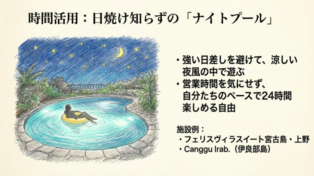 日焼け知らずのナイトプール 星空の下でナイトプールを楽しむ女性のイラスト