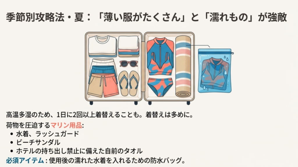 夏の沖縄旅行は着替えの枚数が多くなりがち。水着やラッシュガード、濡れたものを入れる防水バッグが必須アイテム。