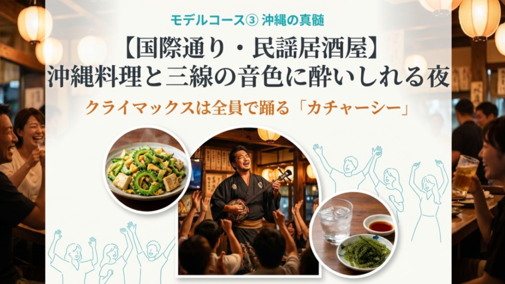 沖縄民謡居酒屋での三線ライブとカチャーシーを楽しむ様子