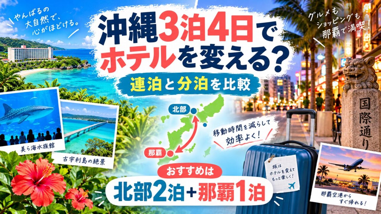 沖縄3泊4日でホテルを変えるか迷う人向けに、北部2泊＋那覇1泊の分泊モデルを地図や観光イメージで示したアイキャッチ画像