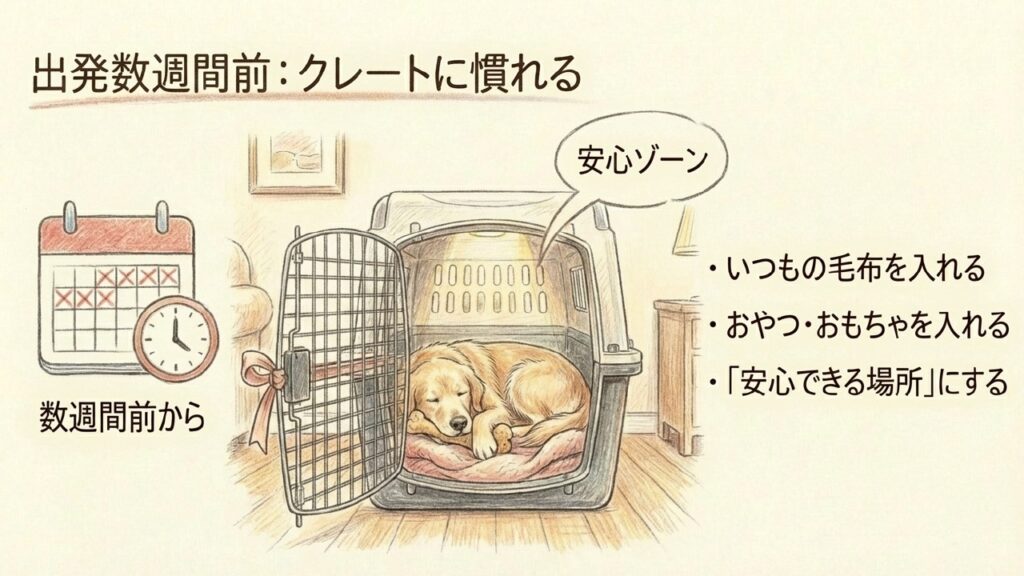 出発数週間前からのクレートに慣れる練習