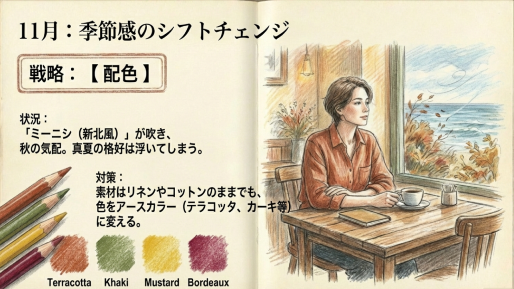 11月の沖縄旅行コーデ・秋らしい配色のアースカラー