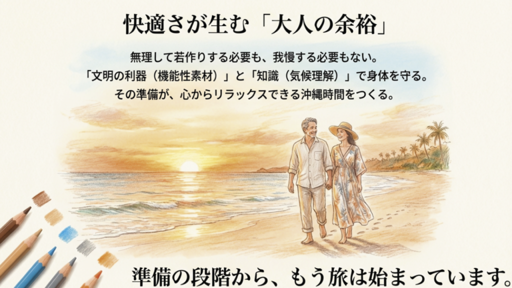 40代夫婦の沖縄ビーチ散策・大人の余裕あるスタイル