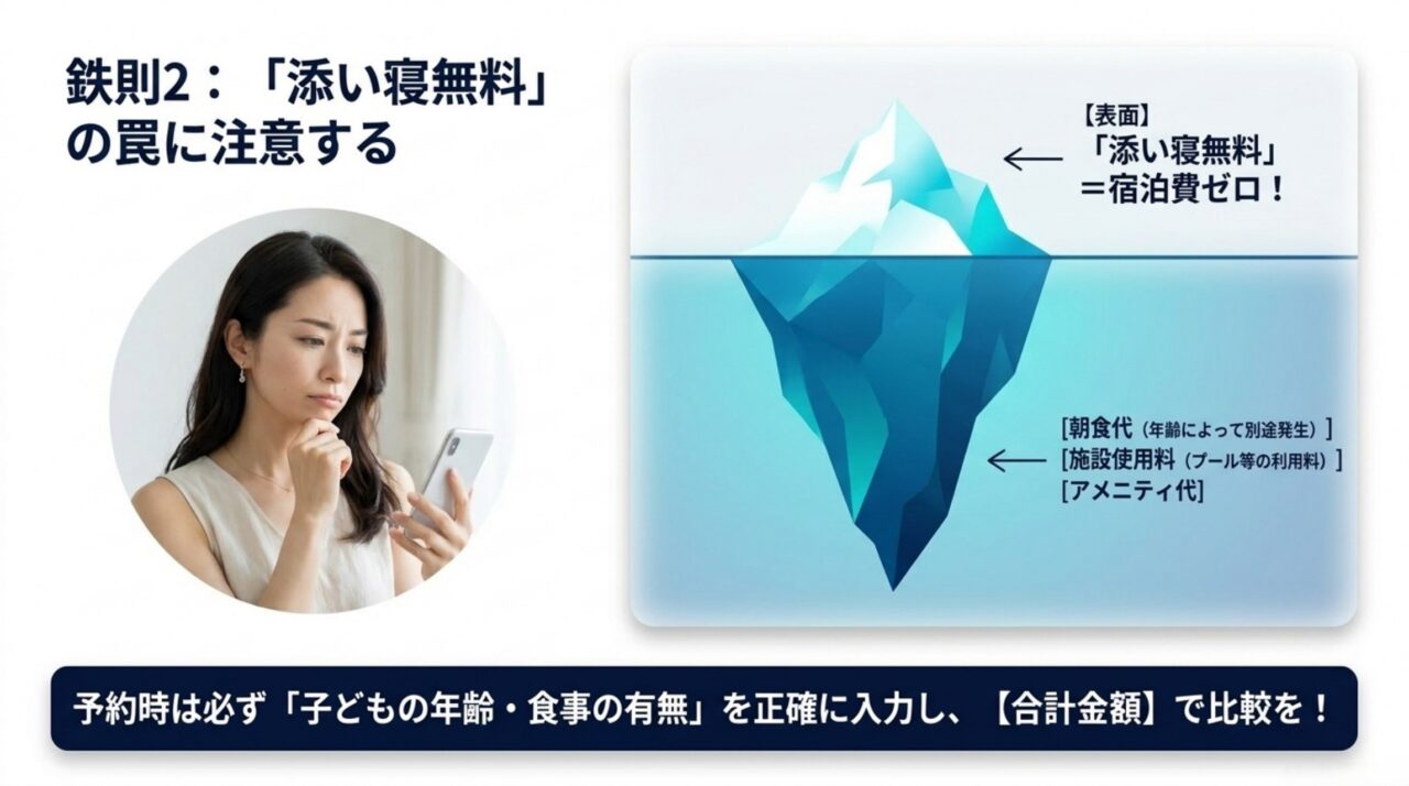 添い寝無料でも朝食代や施設使用料などが別途かかる場合があることを示すスライド