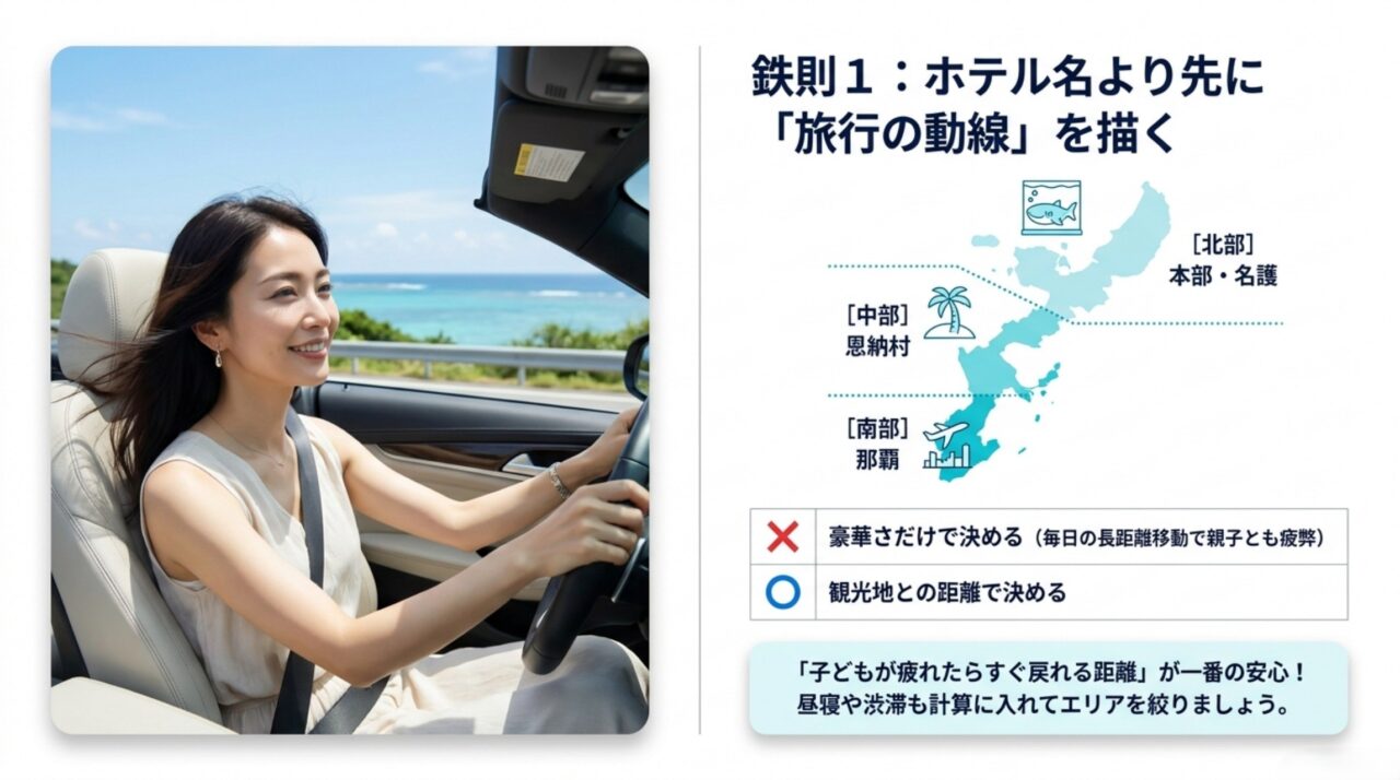 沖縄本島の那覇・恩納村・本部名護を示し観光地との距離でホテルを選ぶ考え方を解説したスライド