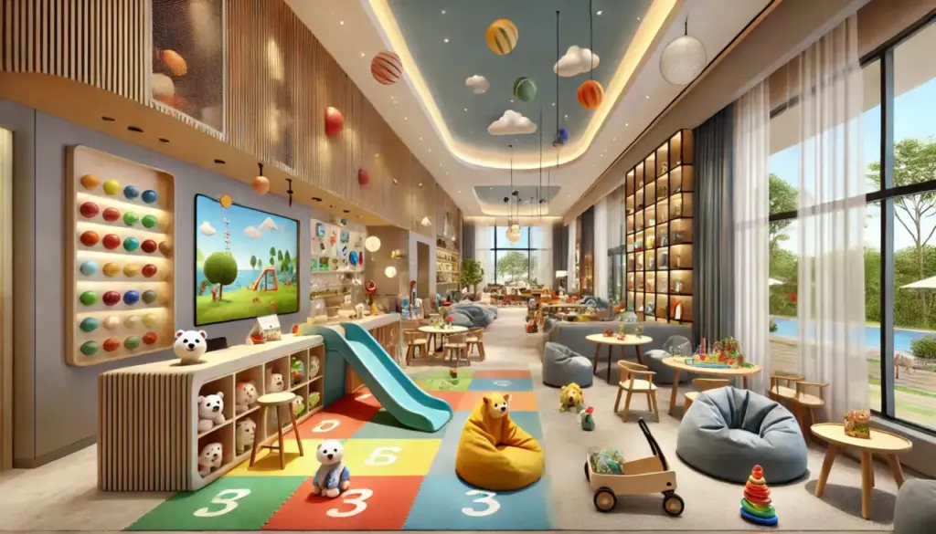 a room with a playroom and a playroom with toys