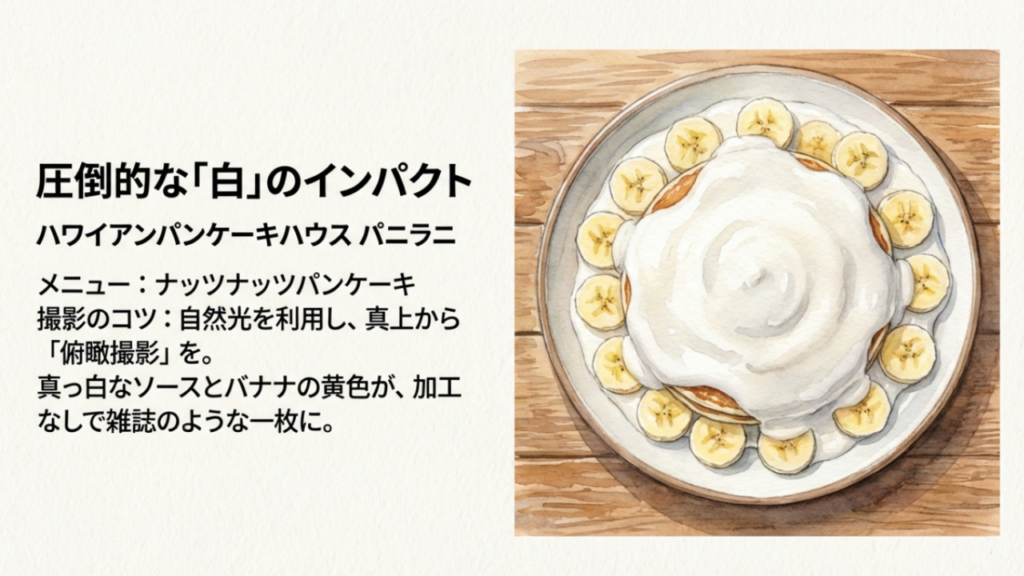 ハワイアンパンケーキハウスパニラニのナッツナッツパンケーキを真上から撮影した構図。白いソースとバナナのコントラスト。