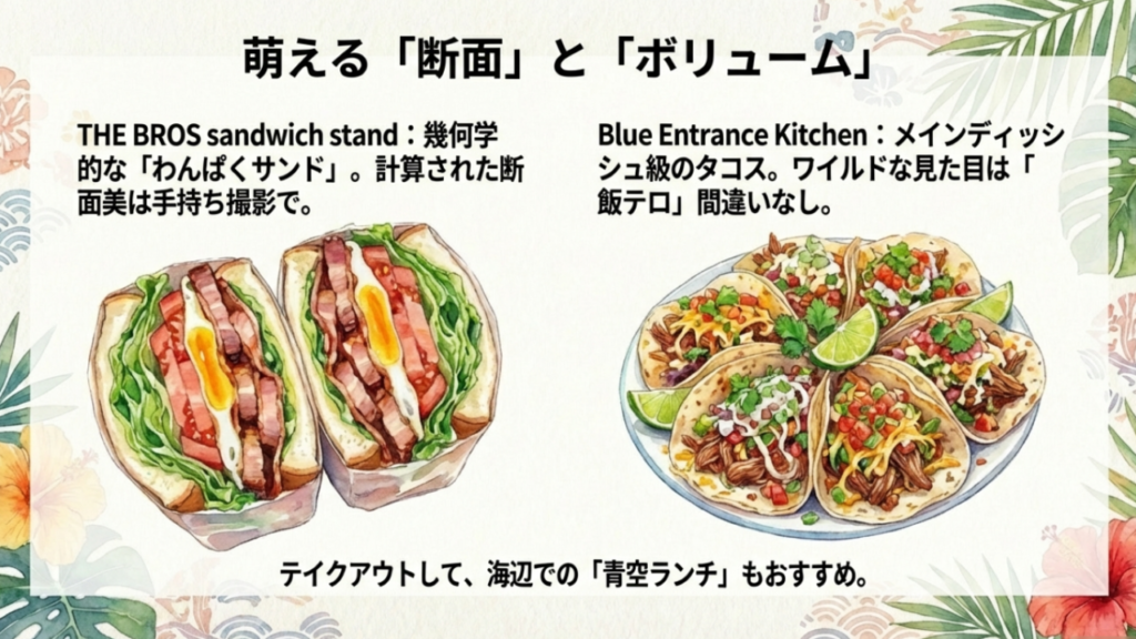 THE BROS sandwich standの萌え断サンドイッチと、Blue Entrance Kitchenの具材たっぷりタコスのイラスト。