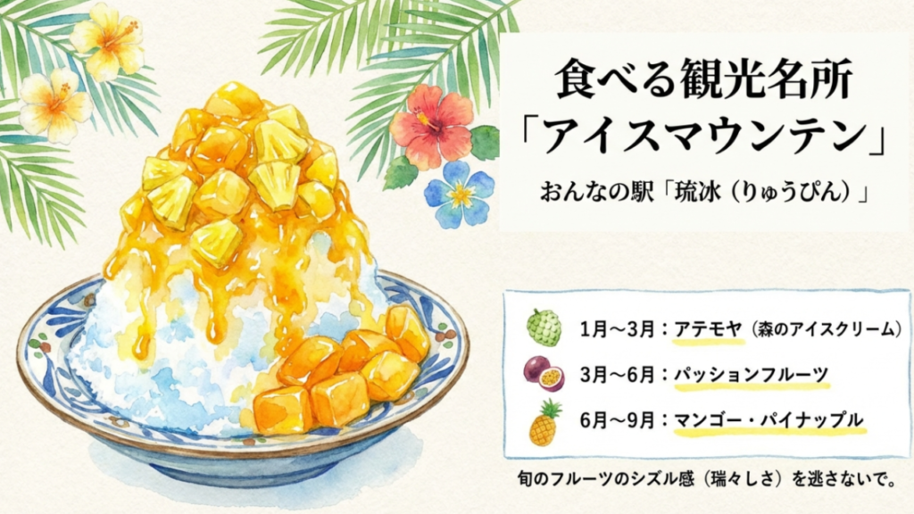 恩納村の道の駅「おんなの駅」にある琉冰（りゅうぴん）のフルーツ山盛りかき氷「アイスマウンテン」のイラスト。