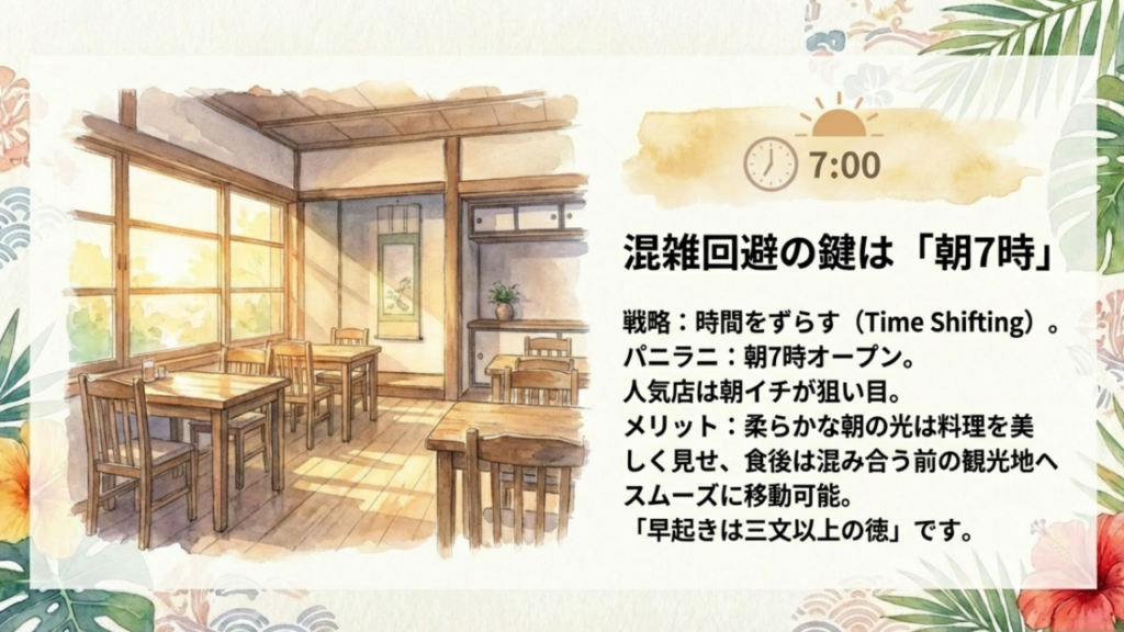 朝7時を示す時計と、朝の時間帯に活動することで混雑を回避し美しい光で撮影するメリットを解説した図。