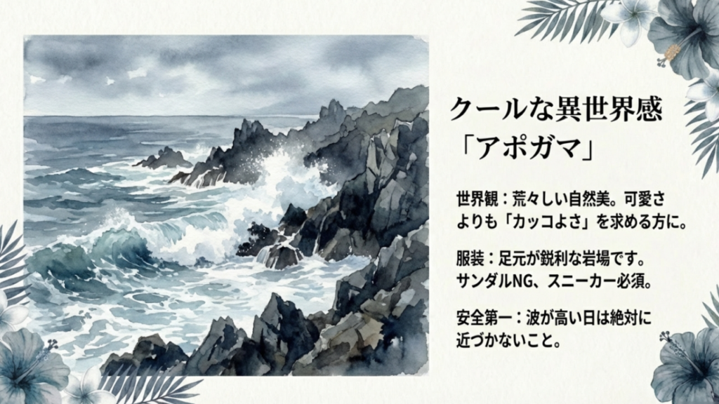 アポガマの荒々しい岩場と洞窟の風景。足元の安全対策とスニーカー着用の重要性を解説したイメージ。