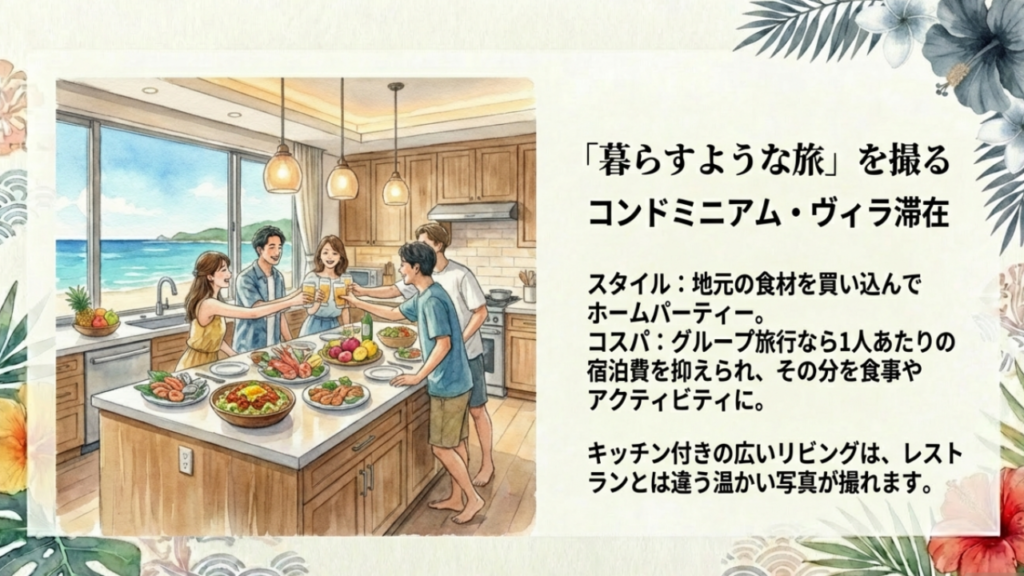 キッチン付きのコンドミニアムで地元の食材を使ってホームパーティーを楽しむグループ旅行のイラスト。
