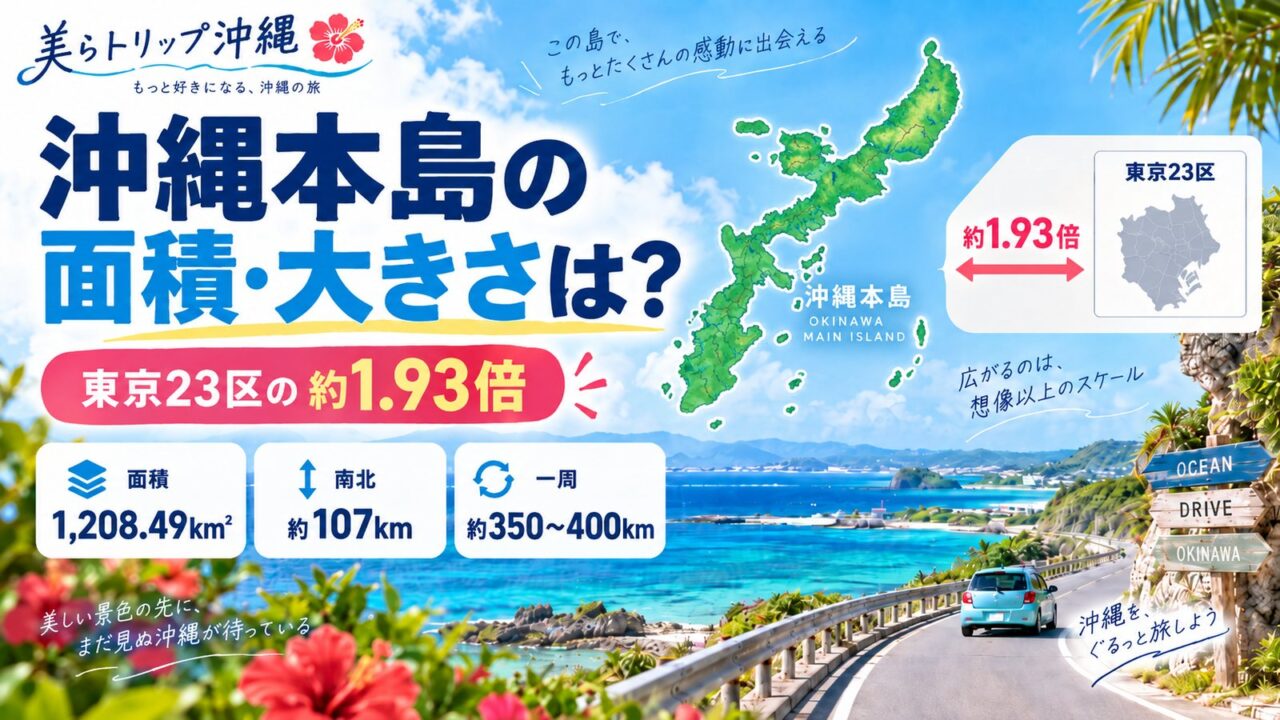沖縄本島の面積・大きさを東京23区と比較した図解。面積1,208.49km²、南北約107km、一周約350〜400km