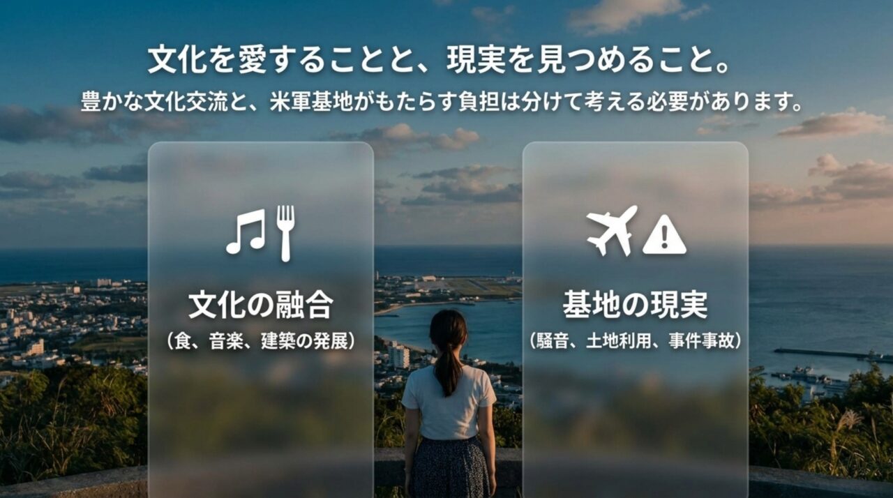 文化の魅力と基地の現実を切り分けて考える必要性を示すスライド画像