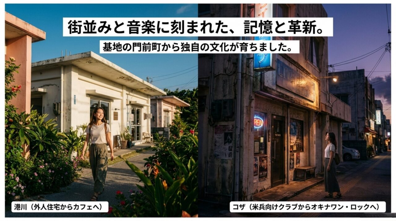 街並みと音楽に残るアメリカ文化の影響を表したスライド画像