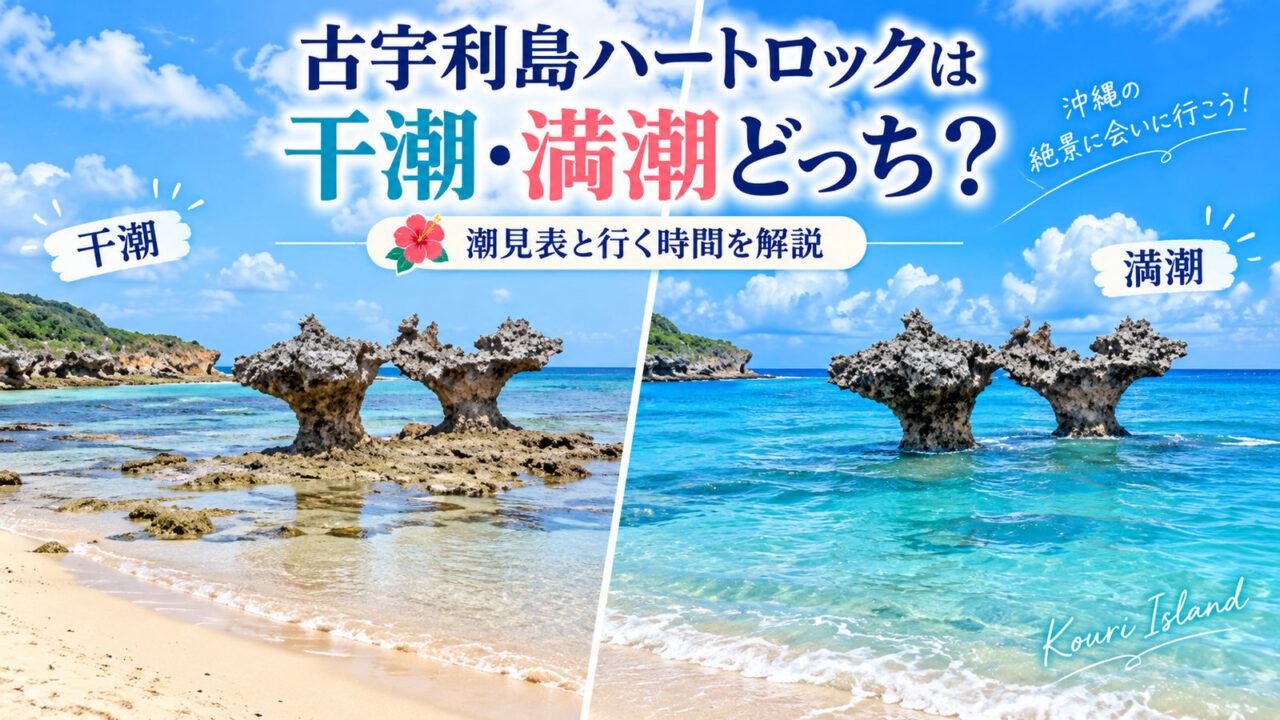 古宇利島ハートロックの干潮時と満潮時を比較したアイキャッチ画像