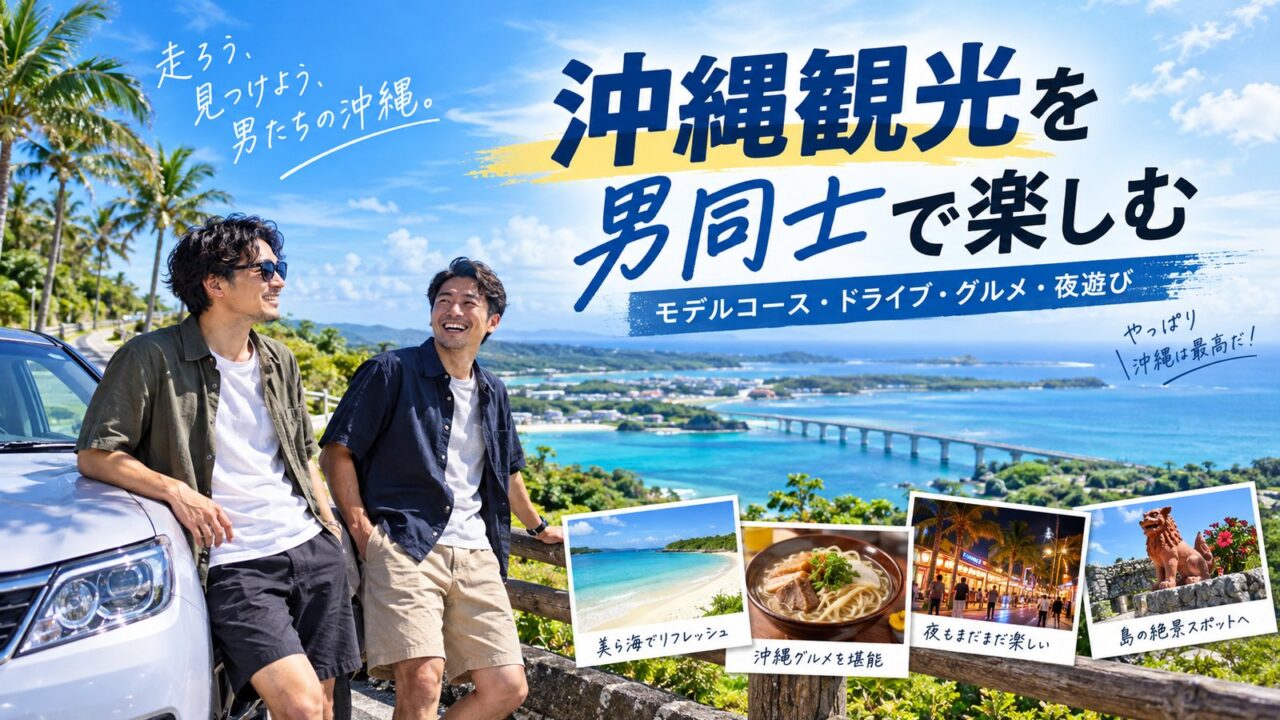 沖縄の海とドライブ風景を背景に、男同士で楽しむ沖縄観光のモデルコースやグルメ、夜遊びを表現したアイキャッチ画像