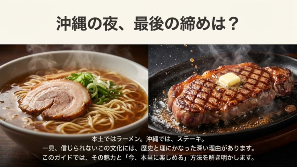 沖縄の締めステーキは国際通り周辺にある深夜に安い&おすすめの名店 1 湯気が立つ醤油ラーメンと、鉄板で焼かれた熱々のステーキの比較写真。沖縄独自の食文化の象徴。