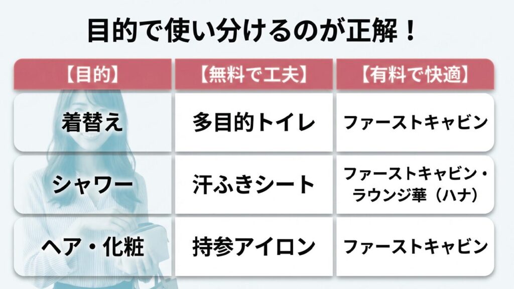 着替え、シャワー、ヘア・化粧など目的別の身支度スポット早見表