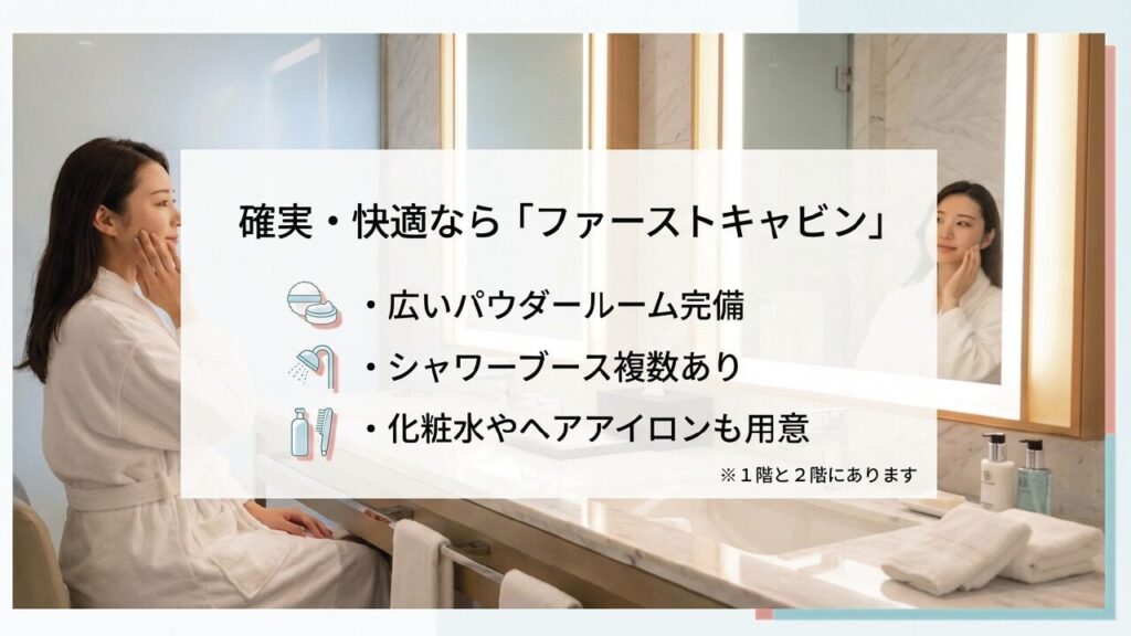 確実・快適なら広いパウダールームとシャワーがあるファーストキャビン