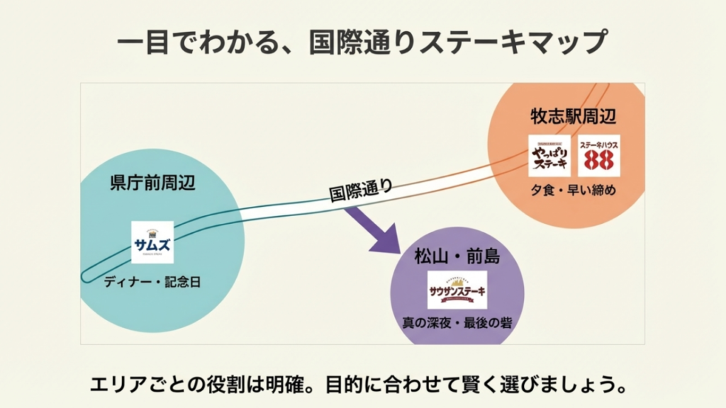 沖縄の締めステーキは国際通り周辺にある深夜に安い&おすすめの名店 15 那覇市国際通り周辺の地図。牧志駅周辺(やっぱりステーキ・88)、県庁前周辺(サムズ)、松山エリア(サウザンステーキ)の店舗位置と利用シーンを分類した図解。