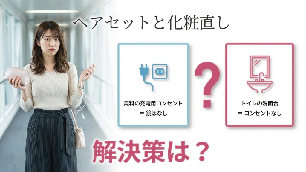 ヘアセットと化粧直し：無料の充電用コンセントには鏡がない