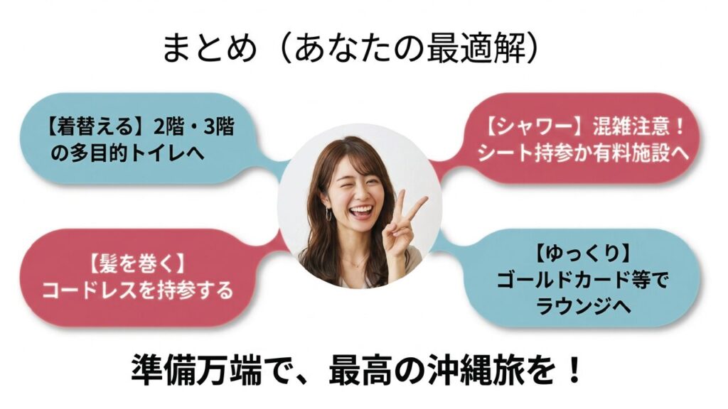 まとめ：着替えは上の階、シャワーは混雑注意、髪を巻くならコードレス持参