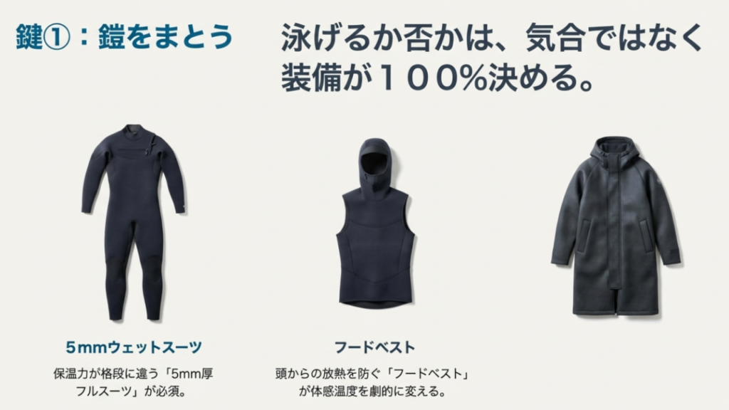 5mmフルスーツ、フードベスト、ボートコートのイラスト。冬の海を楽しむための必須装備一覧。