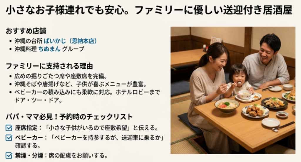 恩納村の居酒屋で送迎ありのおすすめ5選!エリア・目的別に紹介 4 家族で居酒屋料理を楽しんでいる写真と、ベビーカー対応や座敷席の確認など予約時のチェックリスト