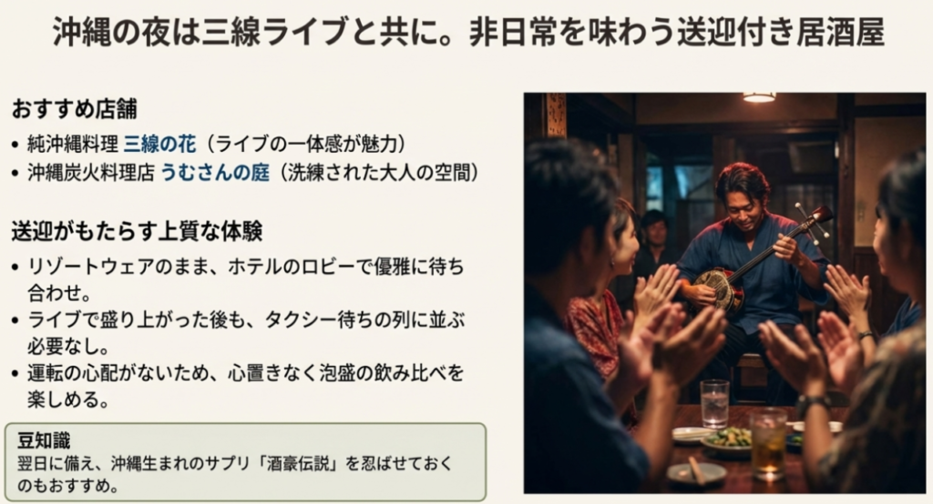 恩納村の居酒屋で送迎ありのおすすめ5選!エリア・目的別に紹介 6 三線を演奏している演者の写真。ライブで盛り上がった後も送迎なら安心という解説。