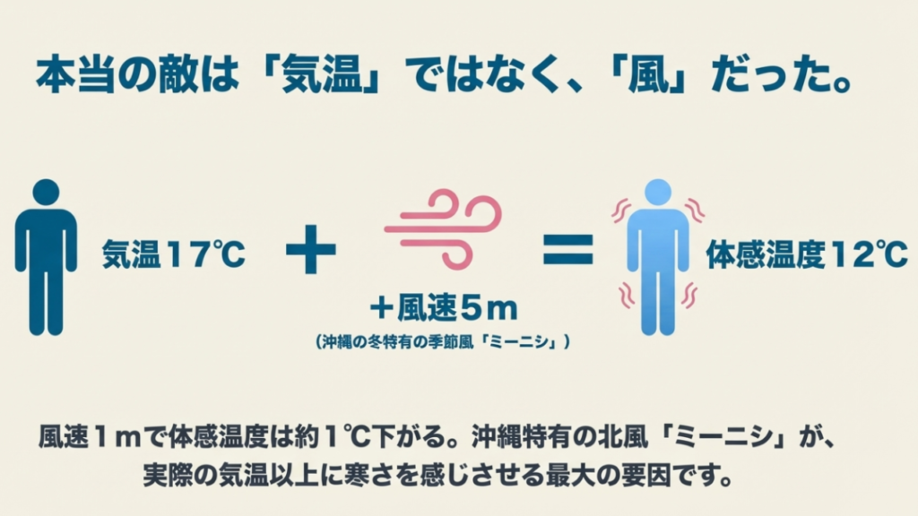 気温17度でも風速5mの風が吹くと体感温度は12度まで下がることを示すイラスト解説