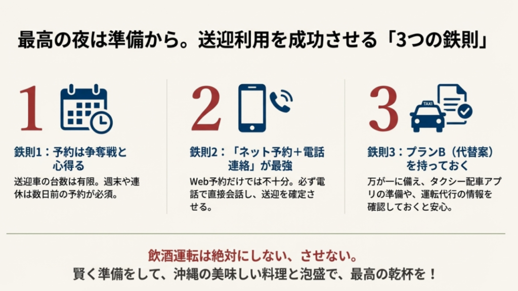 恩納村の居酒屋で送迎ありのおすすめ5選!エリア・目的別に紹介 17 1.早めの予約、2.電話連絡、3.代替案の準備という、送迎予約を確実にするための3つの重要ポイント。