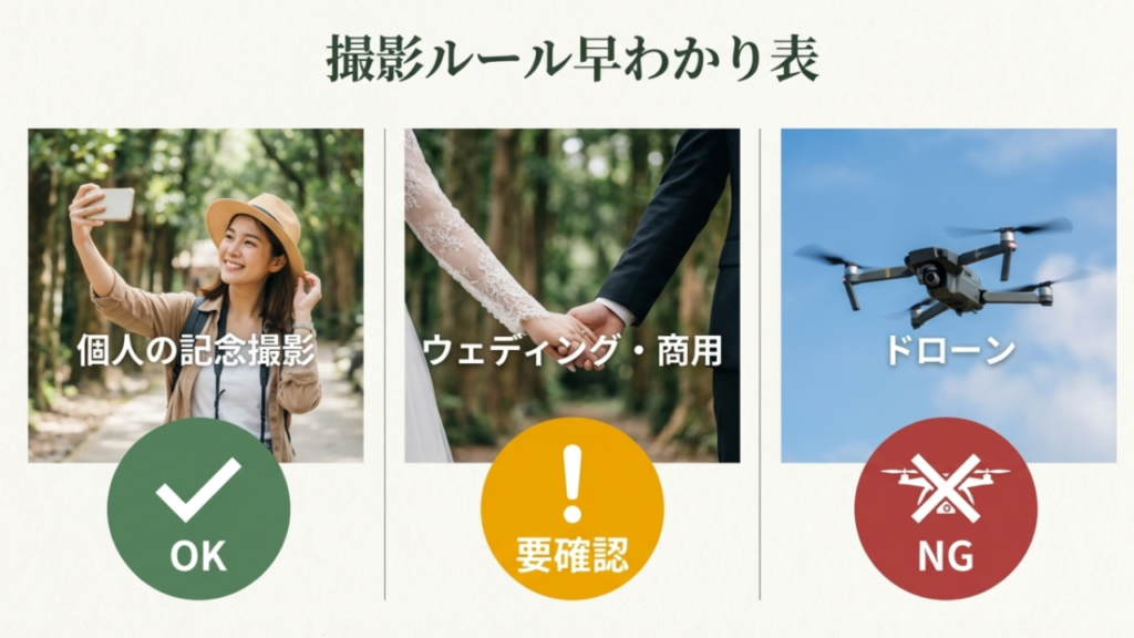 備瀬のフクギ並木における撮影ルールの○×一覧表。個人の記念撮影はOK、ウェディングや商用は要確認、ドローンはNG。