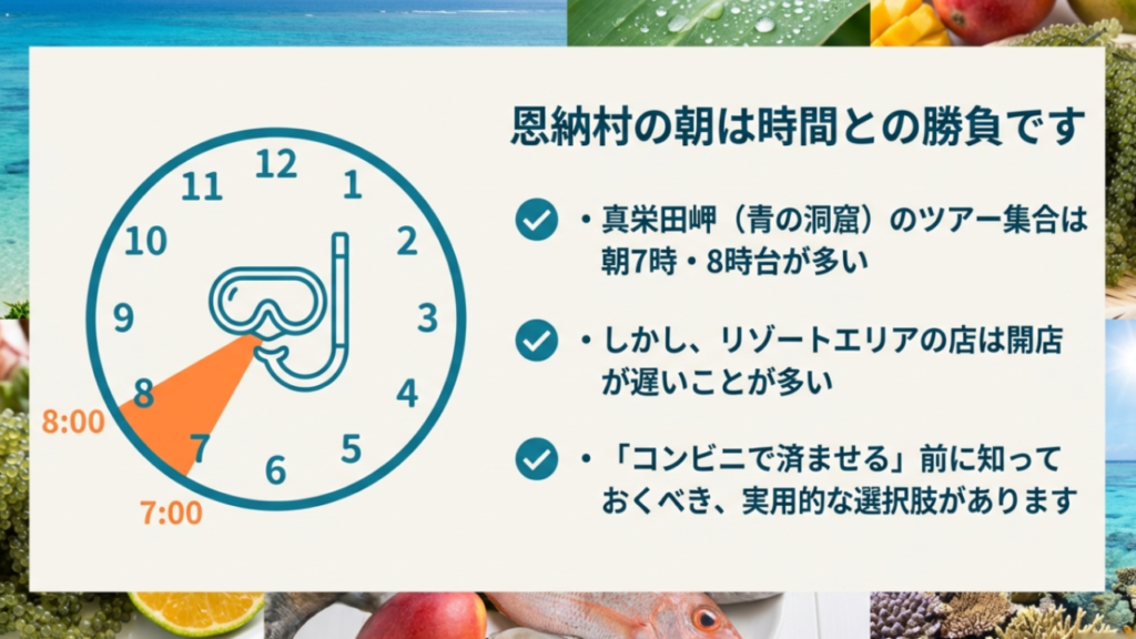 恩納村の青の洞窟ダイビングは朝7時・8時集合が多く、朝食の時間確保が難しいことを示す時計のイラスト