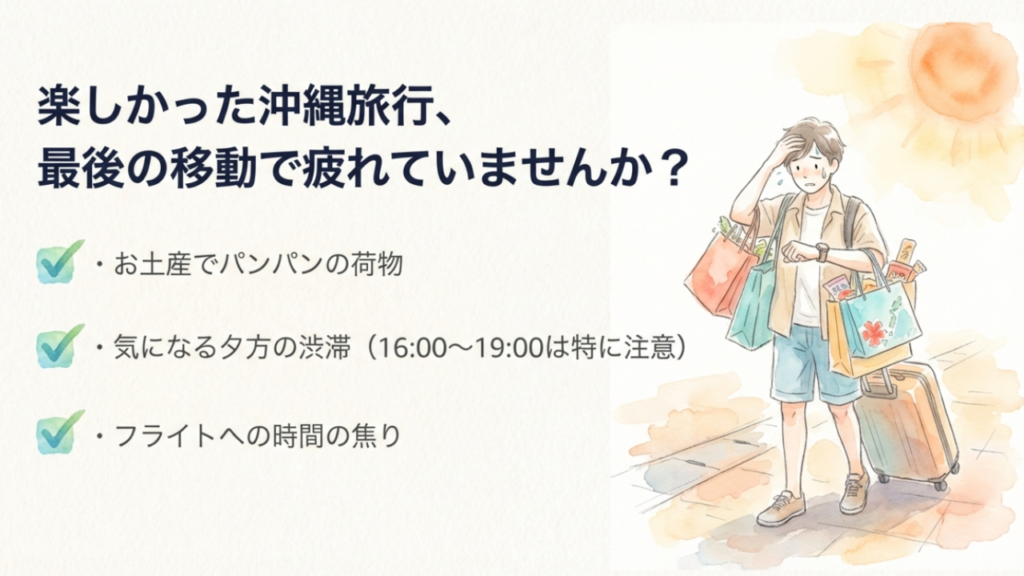 国際通りから那覇空港へゆいレールやタクシーの最適移動手段を比較 1 沖縄旅行最終日の悩み:お土産の荷物、夕方の渋滞、フライト時間への焦り