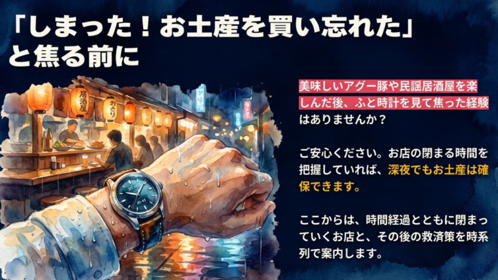 夜の国際通りで時計を見てお土産の買い忘れに焦る旅行者のイラスト