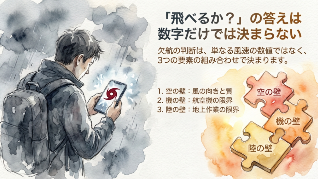 那覇空港の欠航判断における3つの要素（空の壁、機の壁、陸の壁）の相関図。